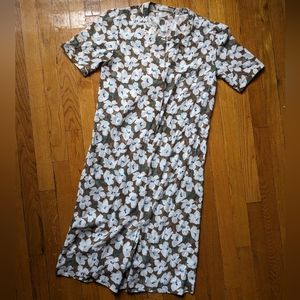Vintage 80's Poppy Floral Brown white Textured short sleeved Cotton Dress S